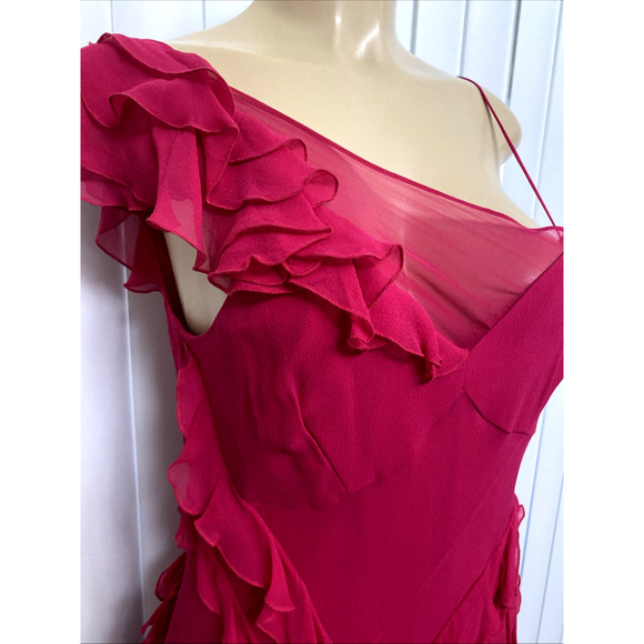 NWT Karen Millen Mini Silk Dress Fuchsia Ruffle Tiered Pink Asymmetric 10 M - Picture 7 of 10